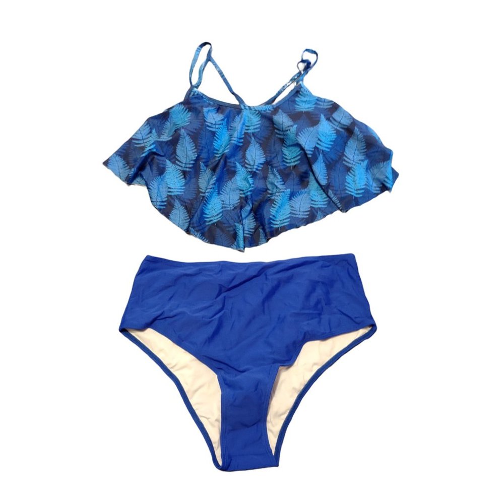 Womens Palm Print Ruffle Top Strappy Bikini with High waisted Bottom - XXL - NWT